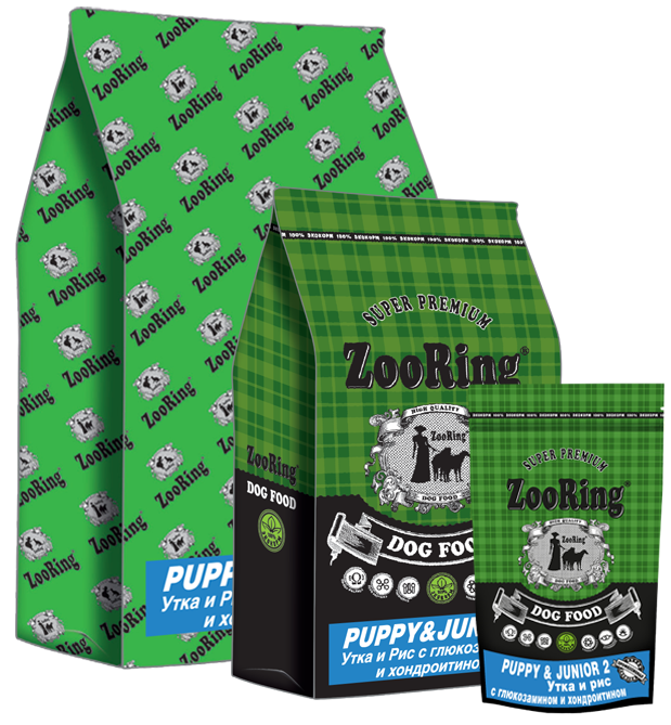 ZooRing корм для собак, Puppy&Junior 2 (Паппи и Юниор2) Утка и рис. 28/16. С глюкозамином 2 кг