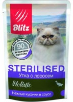 BLITZ Holistic Консервы для стерилизованных кошек и кастрированных котов Утка с лососем в соусе ПАУЧ, 85гр