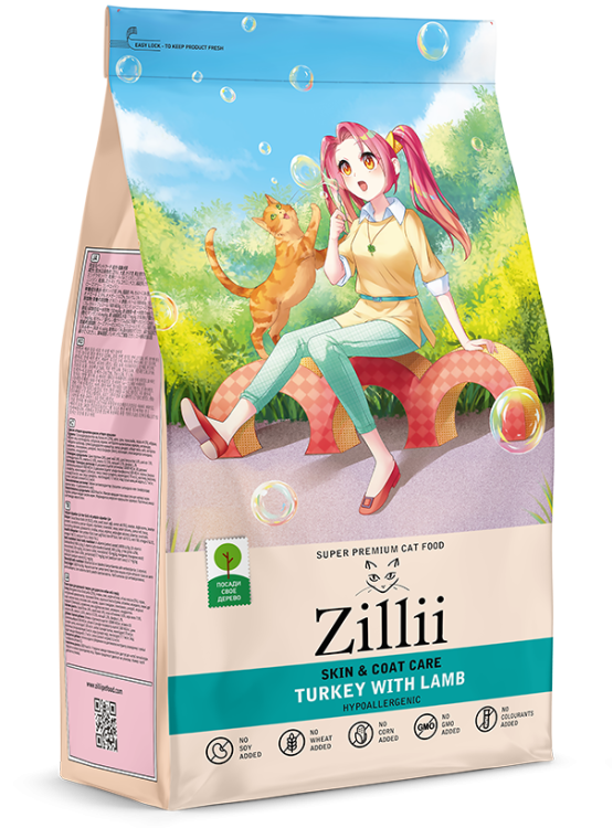 ZILLII Skin & Coat Care Для взрослых кошек поддержка здоровья кожи и шерсти Индейка с Ягнёнком 10кг