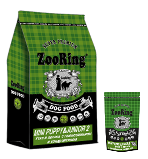 ZooRing корм для собак, Mini Puppy&Junior 2 (Мини Паппи) Утка и Лосось с рисом. 28/16 С глюкозамином и хондроитином 10 кг