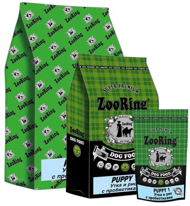 ZooRing корм для собак, Puppy 1 (Паппи 1)Утка и рис. 28/16. С пробитиками 2 кг