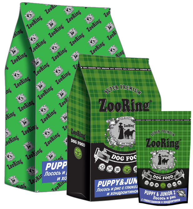 ZooRing корм для собак, Puppy&Junior 2 (Паппи и Юниор2) Лосось и рис. 28/16. С глюкозамином 2  кг
