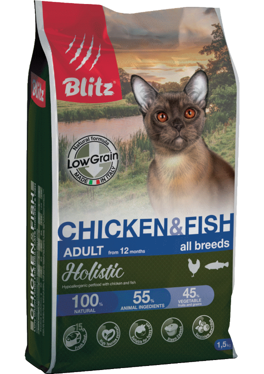 BLITZ Holistic ADULT CAT CHICKEN & FISH низкозерновой корм для кошек Курица и Рыба