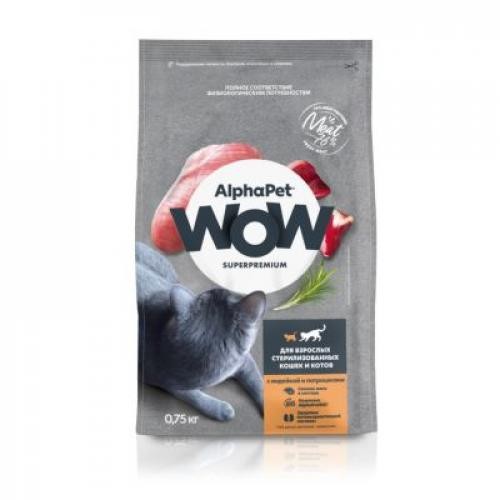 ALPHAPET WOW SUPERPREMIUM 750 гр сухой корм для взрослых стерилизованных кошек и котов с индейкой и потрошками