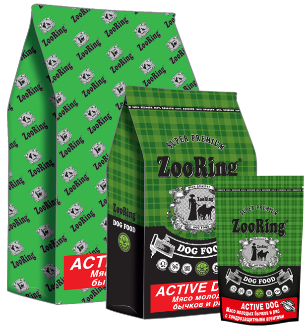 ZooRing корм для собак, Active Dog (Актив Дог)  мясо молодых бычков  и рис. 26/15 , 2 кг