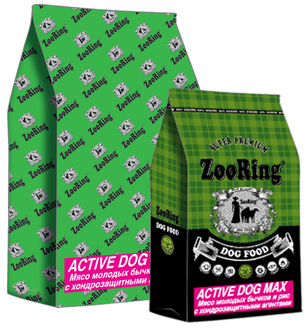 ZooRing корм для собак, Active Dog MAX (Актив дог Макси)  мясо молодых бычков  и рис. 26/15 , 10 кг