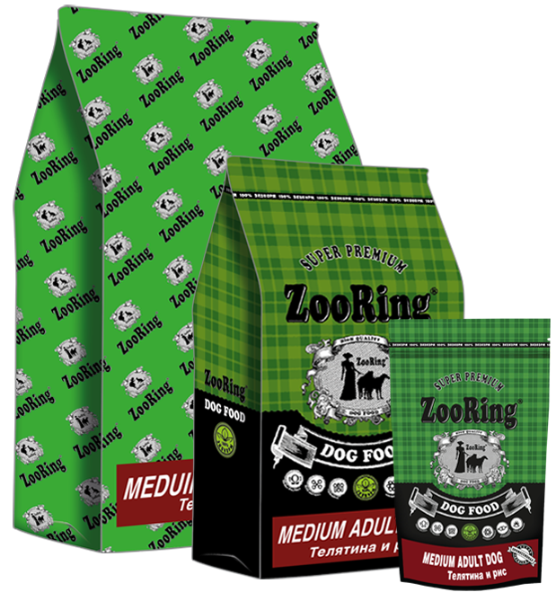 ZooRing корм для собак, Medium Adult Dog Телятина и рис 2 кг, 24/12