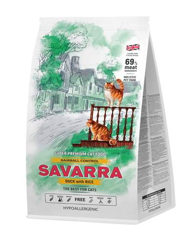Корм для кошек SAVARRA для вывода шерсти, с уткой и с рисом
