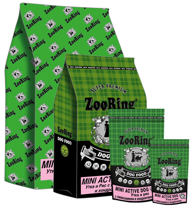 ZooRing корм для собак, Mini Active Dog (Мини Актив Дог) Утка и рис c хондроитином и глюкозамином  0.7 кг