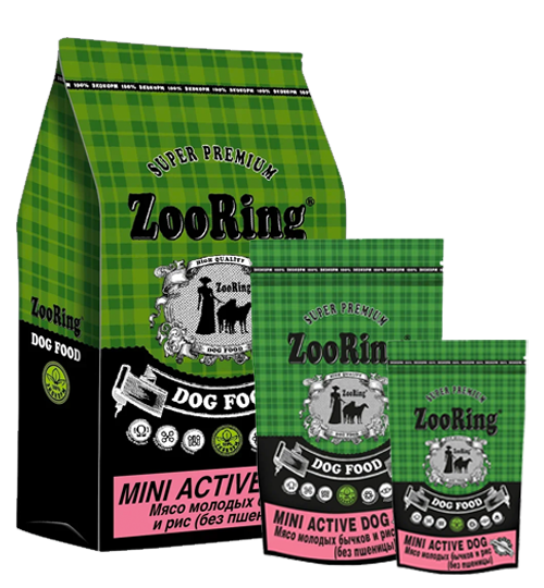 ZooRing корм для собак, Mini Active Dog (Мини Актив Дог)  мясо молодых бычков  и рис. 24/12 , 0.7 кг
