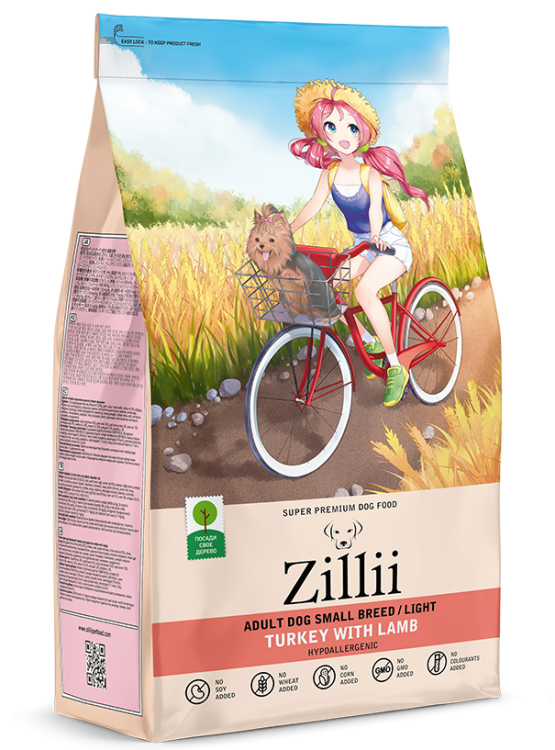 ZILLII Adult Dog Small Breed Light Сухой корм для взрослых собак мелких пород с избыточным весом Индейка с Ягненком 800гр